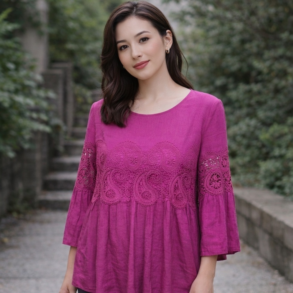 New Directions Pink 3/4 Sleeve Embellished Blouse